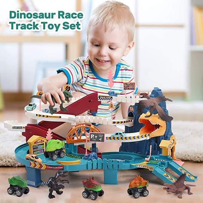 Hot Selling Products In Europe And America Electric Rail Car Toys Dinosaur Track Parking Lot Slide Track Toy