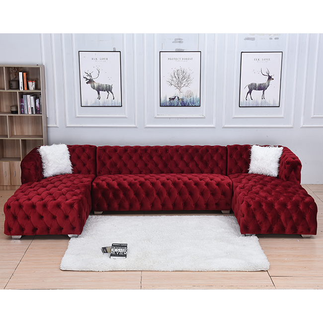 CY Commercial Home Furniture European Style Sectional Sofa Red Customized Color Living Room Sofa Set Fabric L Shaped Velvet