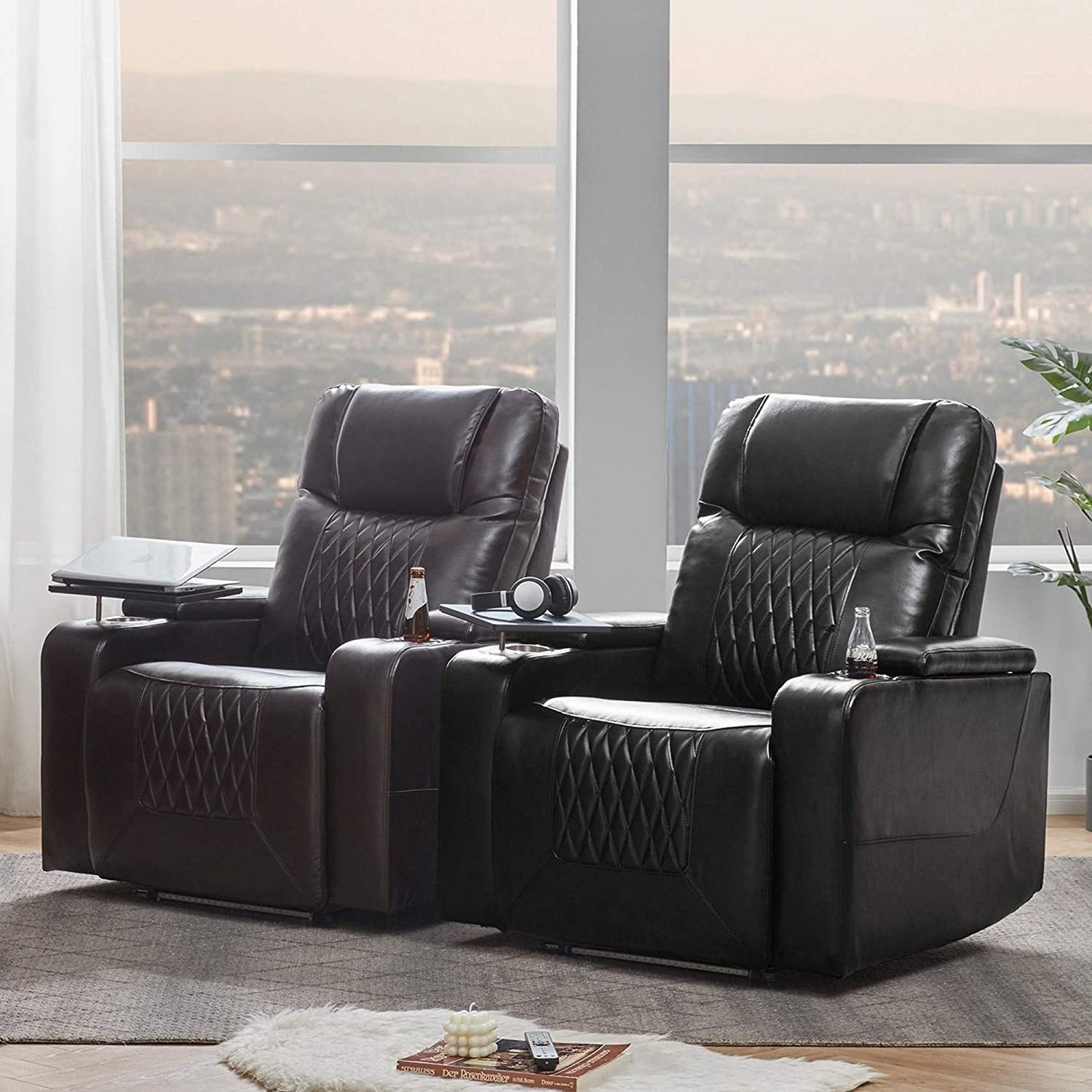 CY Leather Cinema Recliner Sofa Chair, High End Electric Home Theater Sofa, Electric Recliner for Cinema with Laptop Table