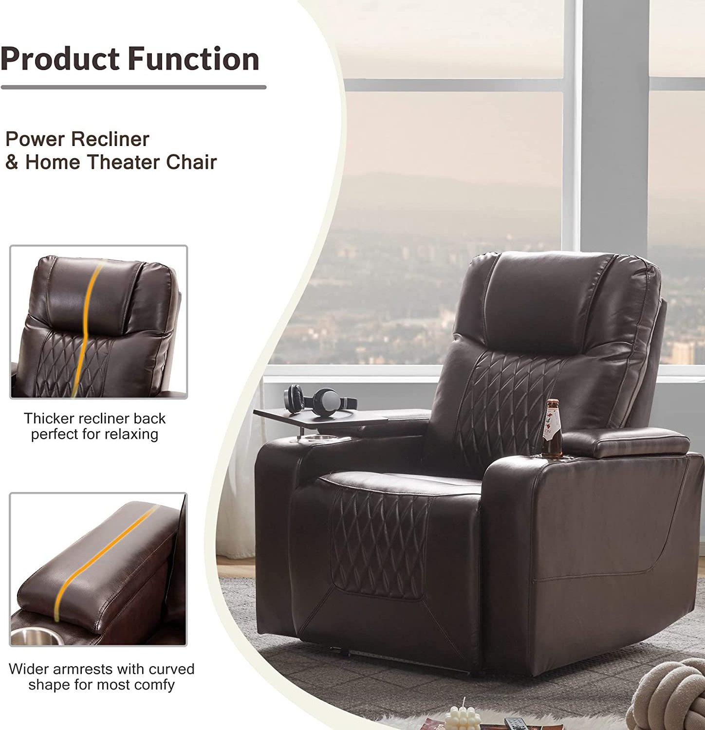 CY Leather Cinema Recliner Sofa Chair, High End Electric Home Theater Sofa, Electric Recliner for Cinema with Laptop Table