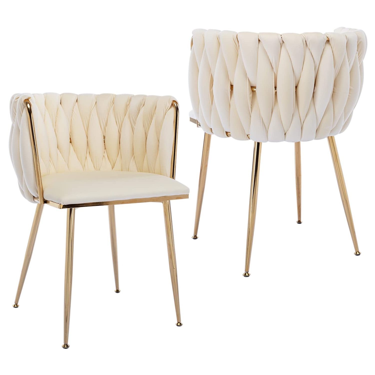 Modern Restaurant Woven Velvet Side Chair Beige Velvet Upholstered Dining Chairs With Golden Metal Legs