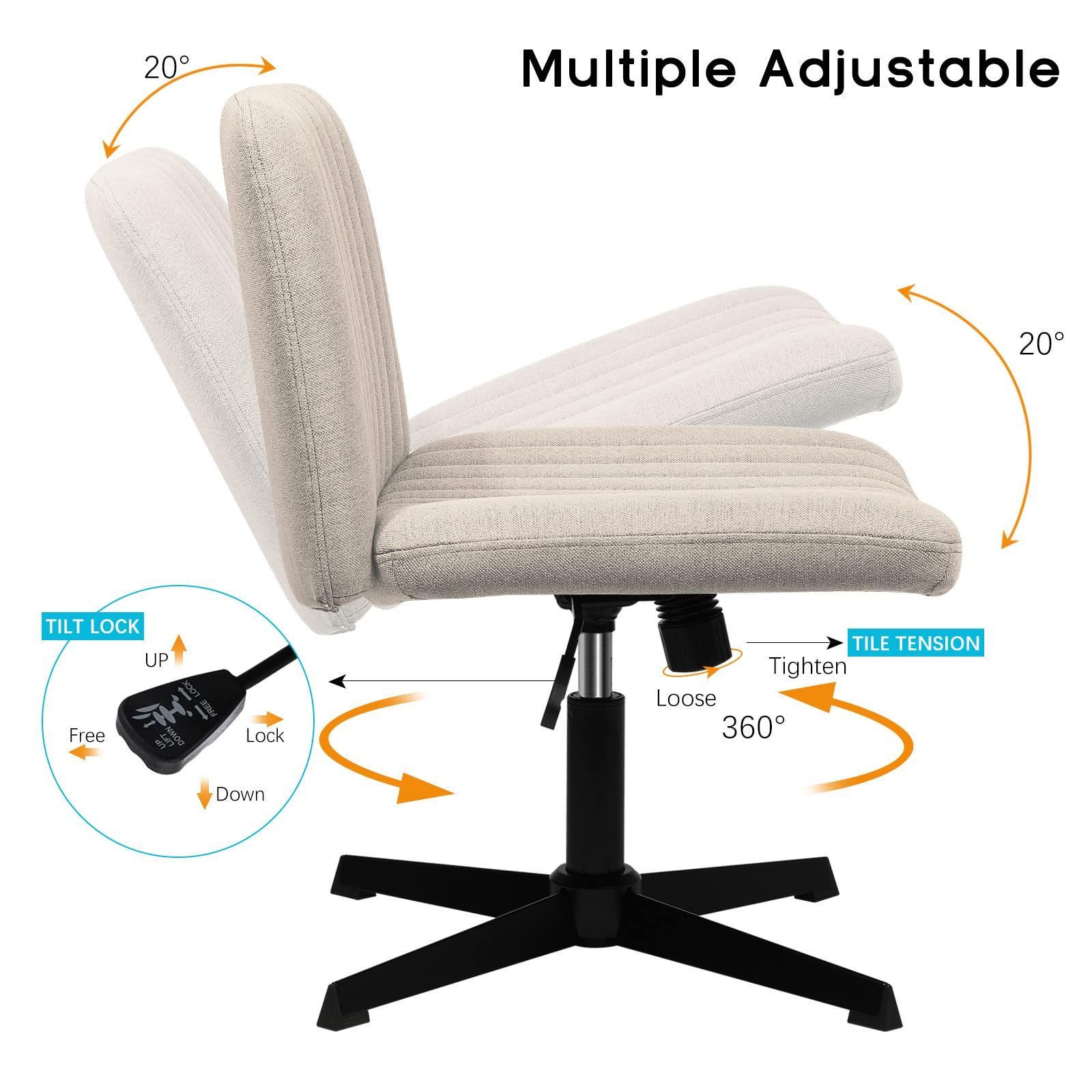 Armless Mid Back Accent Office Chair No Wheels Fabric Padded Modern Swivel Height Adjustable Wide Seat Computer Vanity Chair