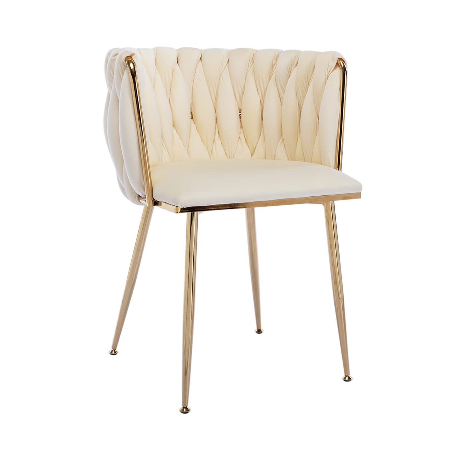 Modern Restaurant Woven Velvet Side Chair Beige Velvet Upholstered Dining Chairs With Golden Metal Legs