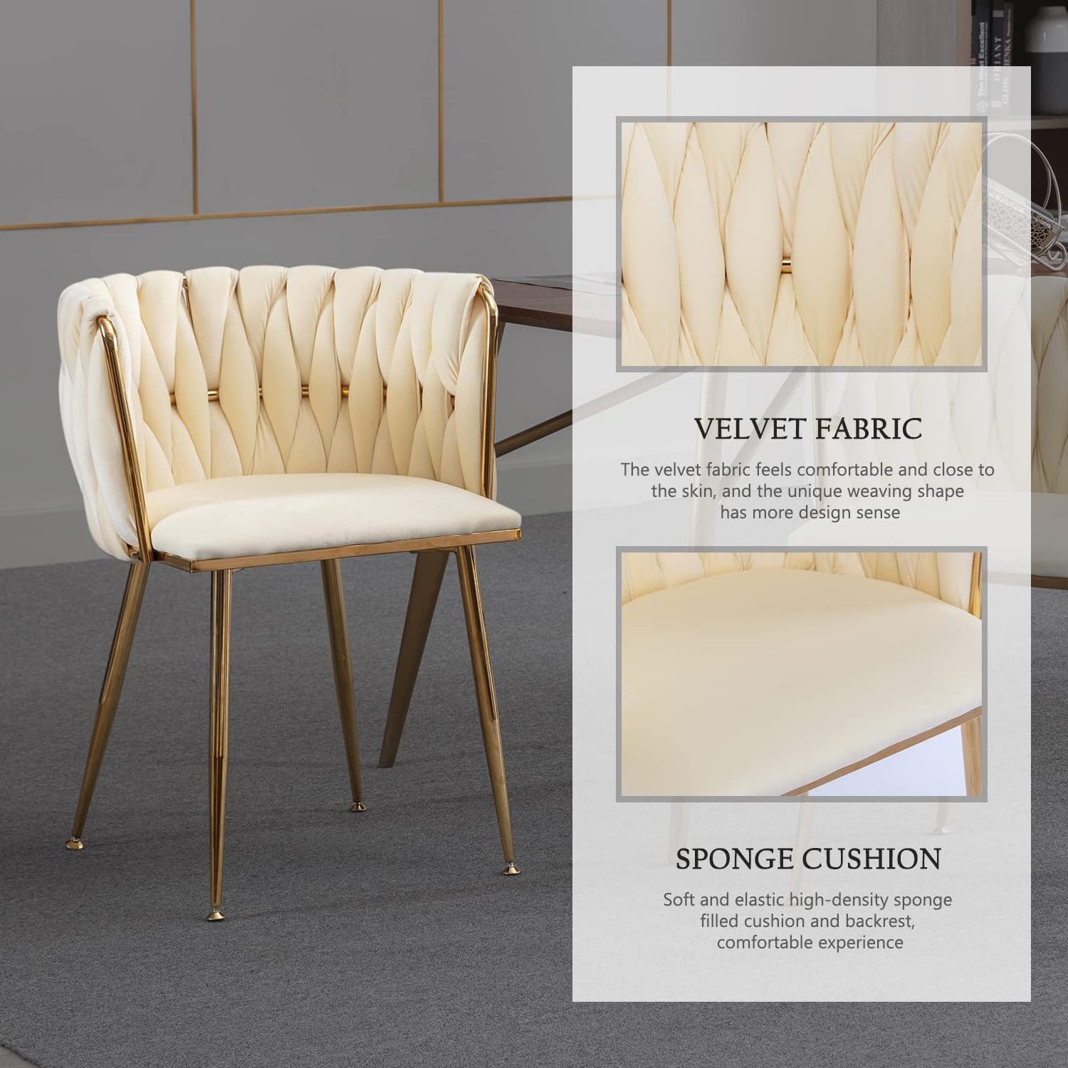 Modern Restaurant Woven Velvet Side Chair Beige Velvet Upholstered Dining Chairs With Golden Metal Legs