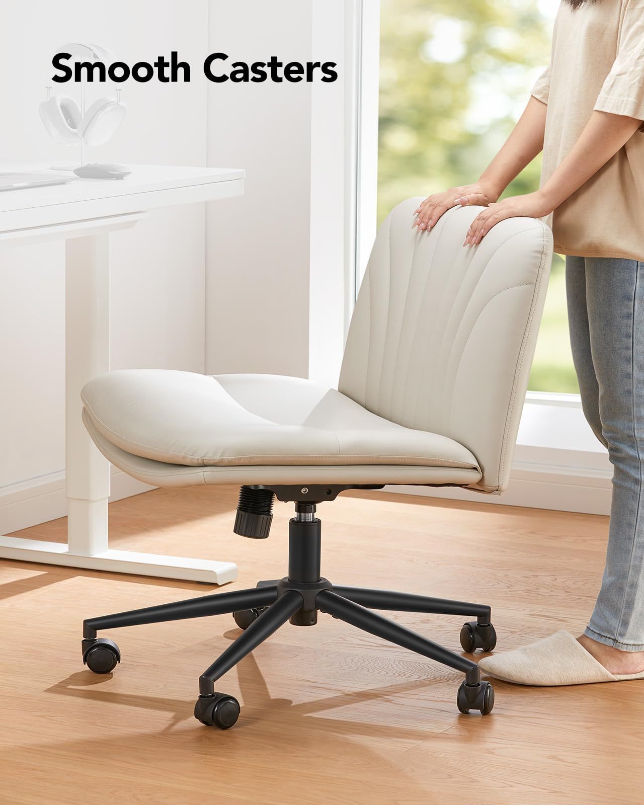 Home Beige Pu Leather Cross Legged Wide Chair Comfortable Adjustable Swivel Computer Armless Office Desk Chair With Wheels