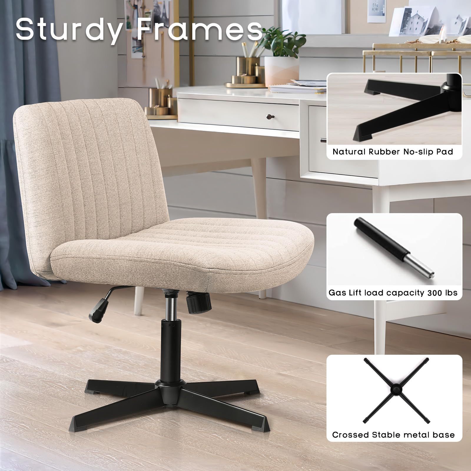 Armless Mid Back Accent Office Chair No Wheels Fabric Padded Modern Swivel Height Adjustable Wide Seat Computer Vanity Chair