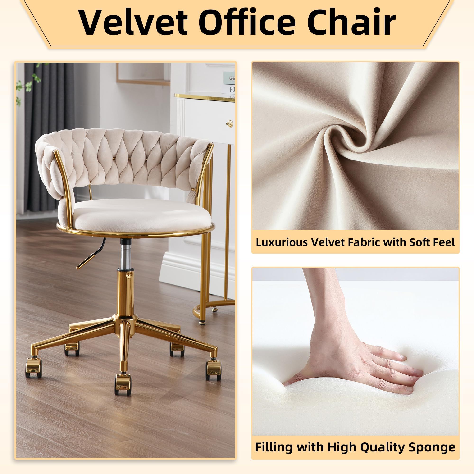 Modern Woven Backrest Comfy Cushion Armrest Swivel Height Adjustable Golden Metal Frame Velvet Home Office Desk Chair with Wheel