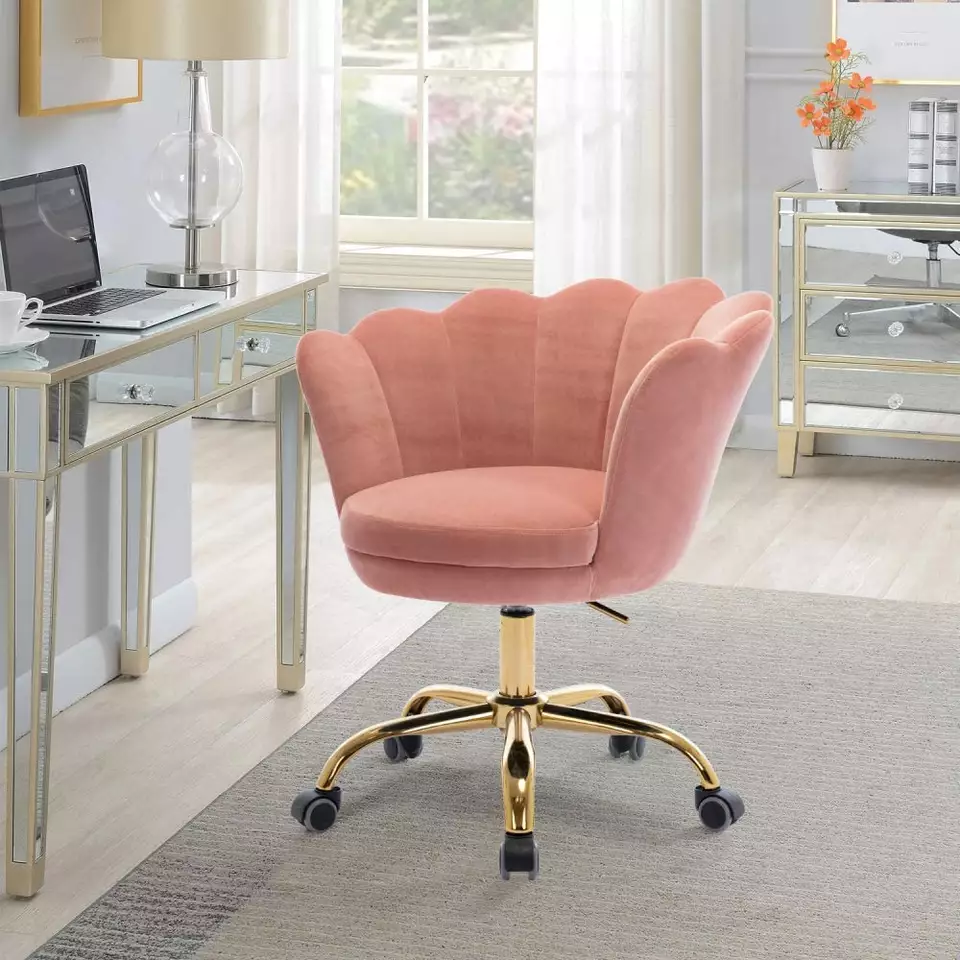 Silla Terciopelo Pink Accent Makeup Chair Relax Armchairs Single Leisure Swivel Arm Sofa Desk Chair With Golden Base