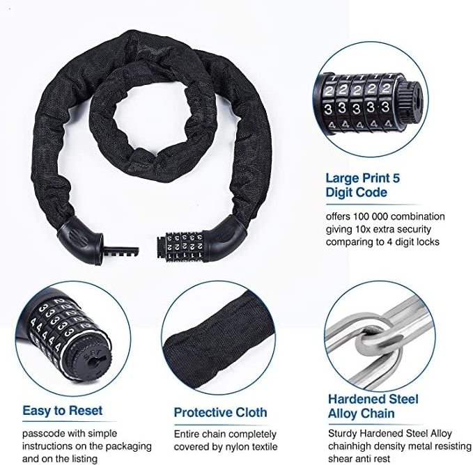 AJF 5 digits steel bicycle bike chain lock with steel cable combination number chain lock bike