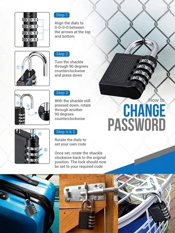 Metal Password 4 Digits Combination Password Code Number Lock Padlock Safety Travel Accessory Luggage Locks