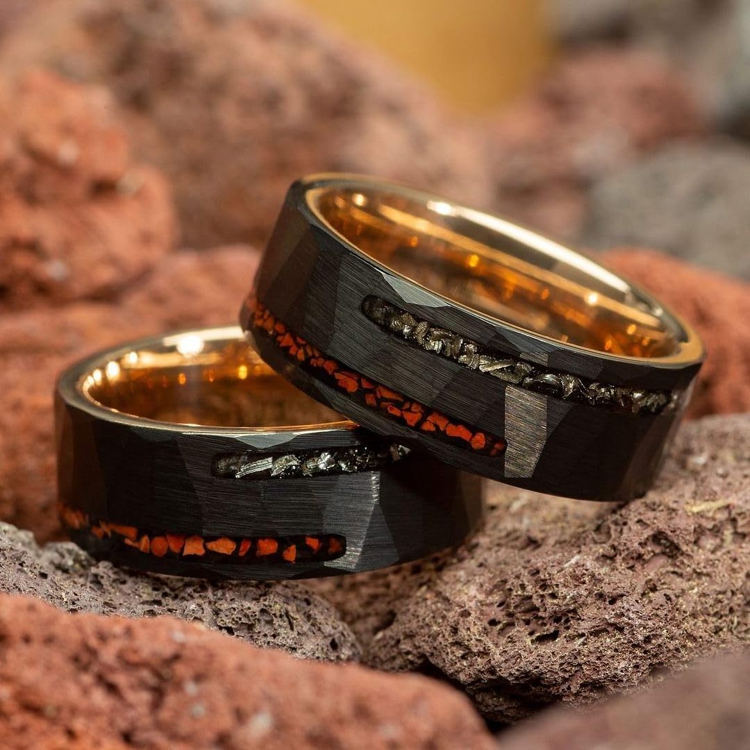 AJL Real Crushed Meteorite and Dinosaur Bone Ring Jewelry 8mm Men's Black Hammered Rose Gold Inside Tungsten Carbide Rings