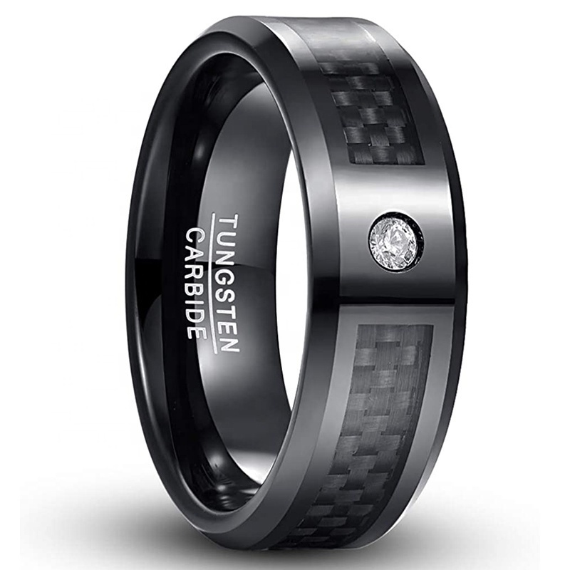 Men's Red Blue Black Tungsten Carbide Rings with CZ Diamond Inlay Carbon Fiber Wedding Band Beveled Edge