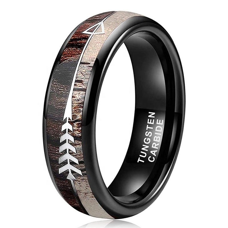 Wholesale Koa Zebra Wood Deer Antler Black Meteorite Opal with Arrows Inlay Tungsten Wedding Ring Bands for Men Women