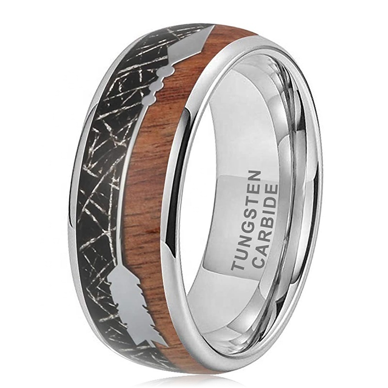 Wholesale Koa Zebra Wood Deer Antler Black Meteorite Opal with Arrows Inlay Tungsten Wedding Ring Bands for Men Women