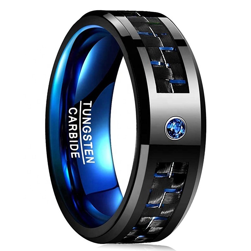 Men's Red Blue Black Tungsten Carbide Rings with CZ Diamond Inlay Carbon Fiber Wedding Band Beveled Edge