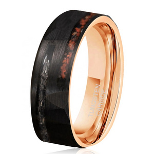 AJL Real Crushed Meteorite and Dinosaur Bone Ring Jewelry 8mm Men's Black Hammered Rose Gold Inside Tungsten Carbide Rings