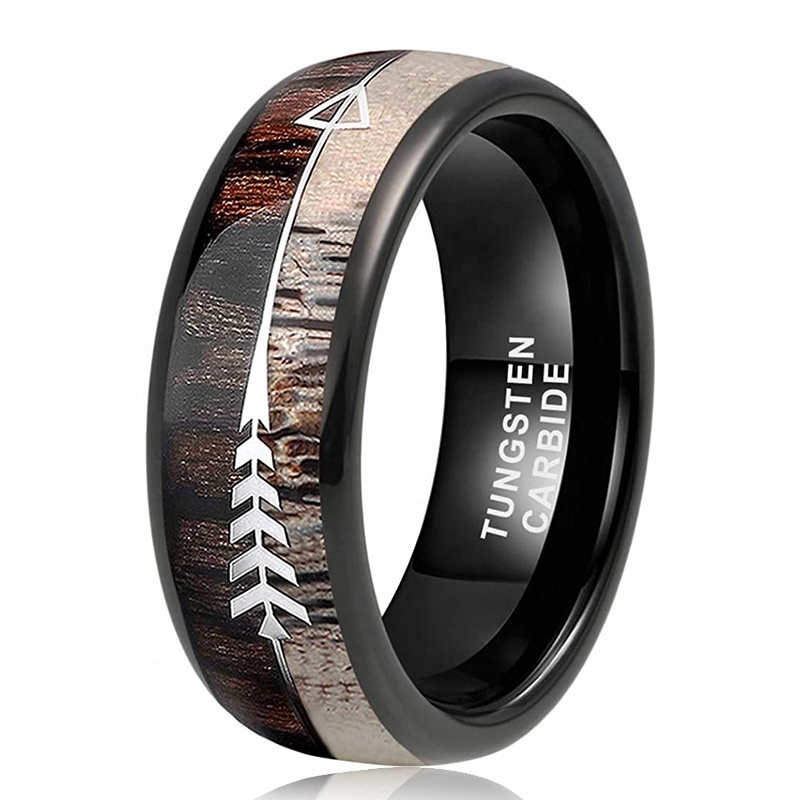 Wholesale Koa Zebra Wood Deer Antler Black Meteorite Opal with Arrows Inlay Tungsten Wedding Ring Bands for Men Women