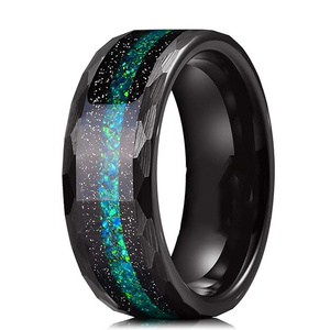 AJL Jewelry 8mm Black Hammered Tungsten Carbide Ring for Men with Galaxy Opal Inlay