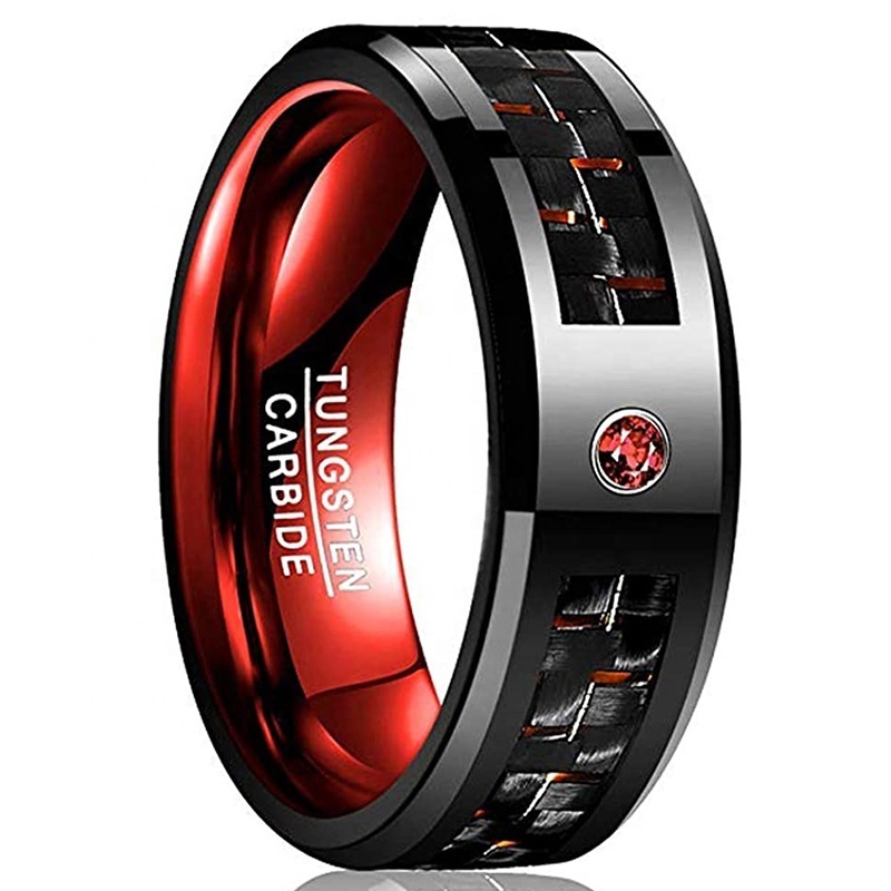 Men's Red Blue Black Tungsten Carbide Rings with CZ Diamond Inlay Carbon Fiber Wedding Band Beveled Edge