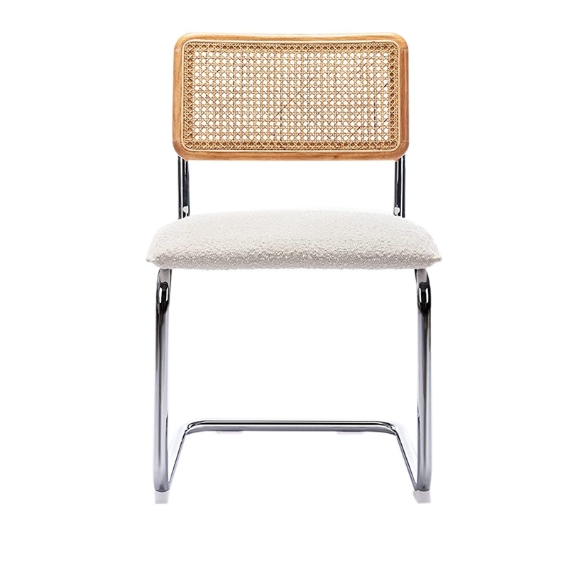 Modern Square Wooden Rattan back Chromed metal frame boucle seat Side Chair Dining Chair