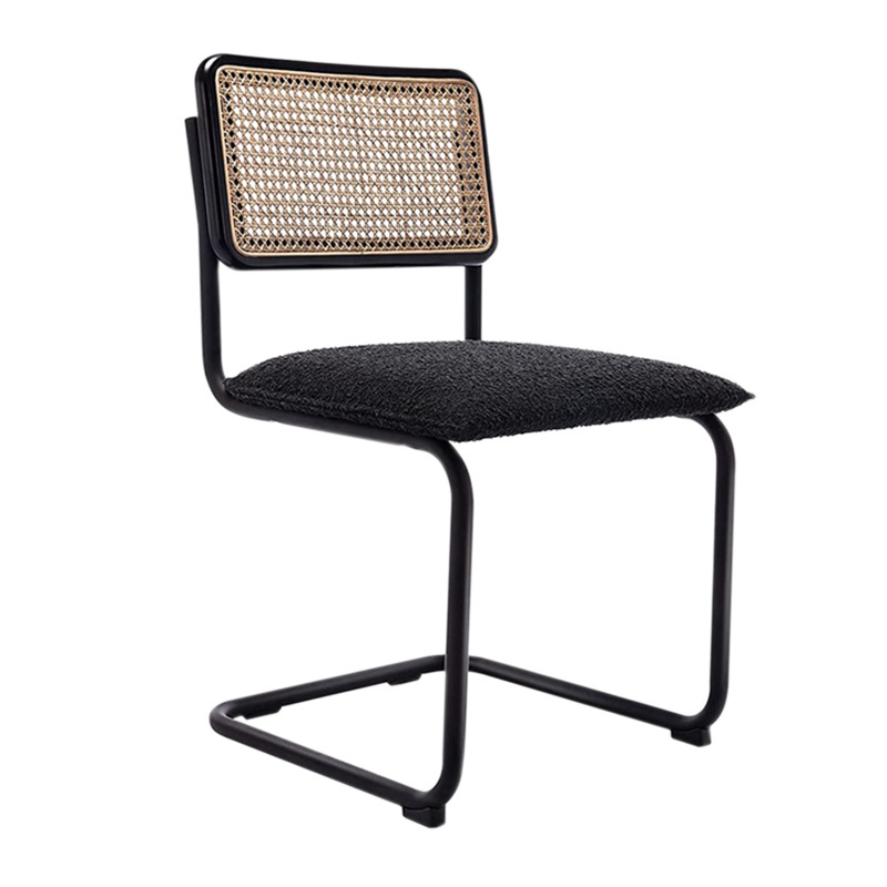 Modern Square Wooden Rattan back Chromed metal frame boucle seat Side Chair Dining Chair