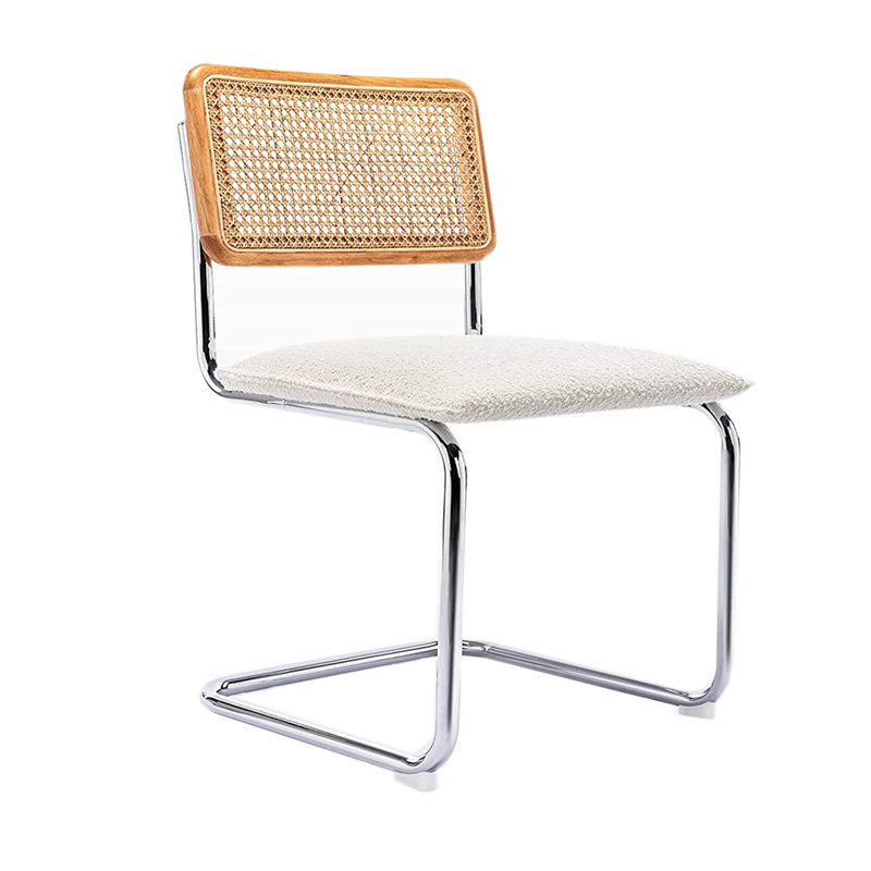 Modern Square Wooden Rattan back Chromed metal frame boucle seat Side Chair Dining Chair