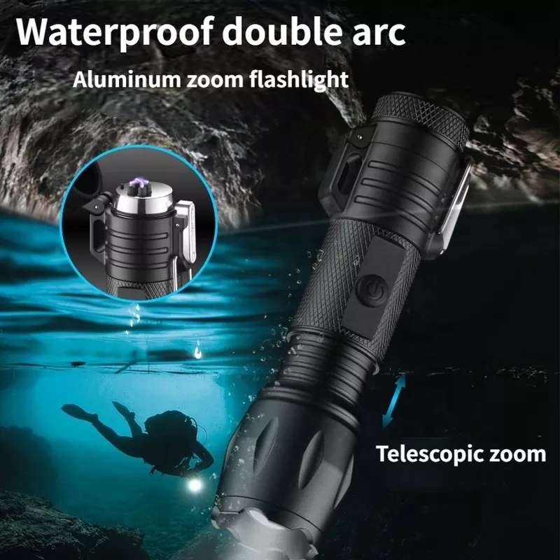 AJOTEQPT Outdoor USB Electronic Lighter Waterproof Zoomable Flashlight Plasma Arc Lighter