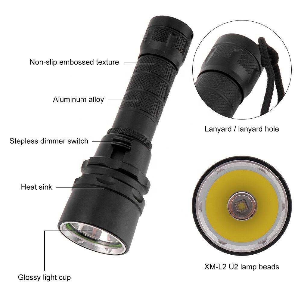 AJOTEQPT Professional Diving Torch Light L2 Flashlight Customized 80m Depth Aluminum Body with Rechargeable Battery IP68 Rating