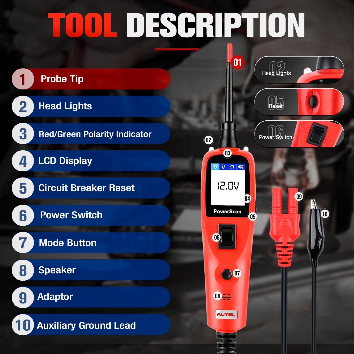 Autel PowerScan PS100 AVOmeter/test light/ built-in flashlight /short circuit/ indicator relay/component tester diagnostic tool