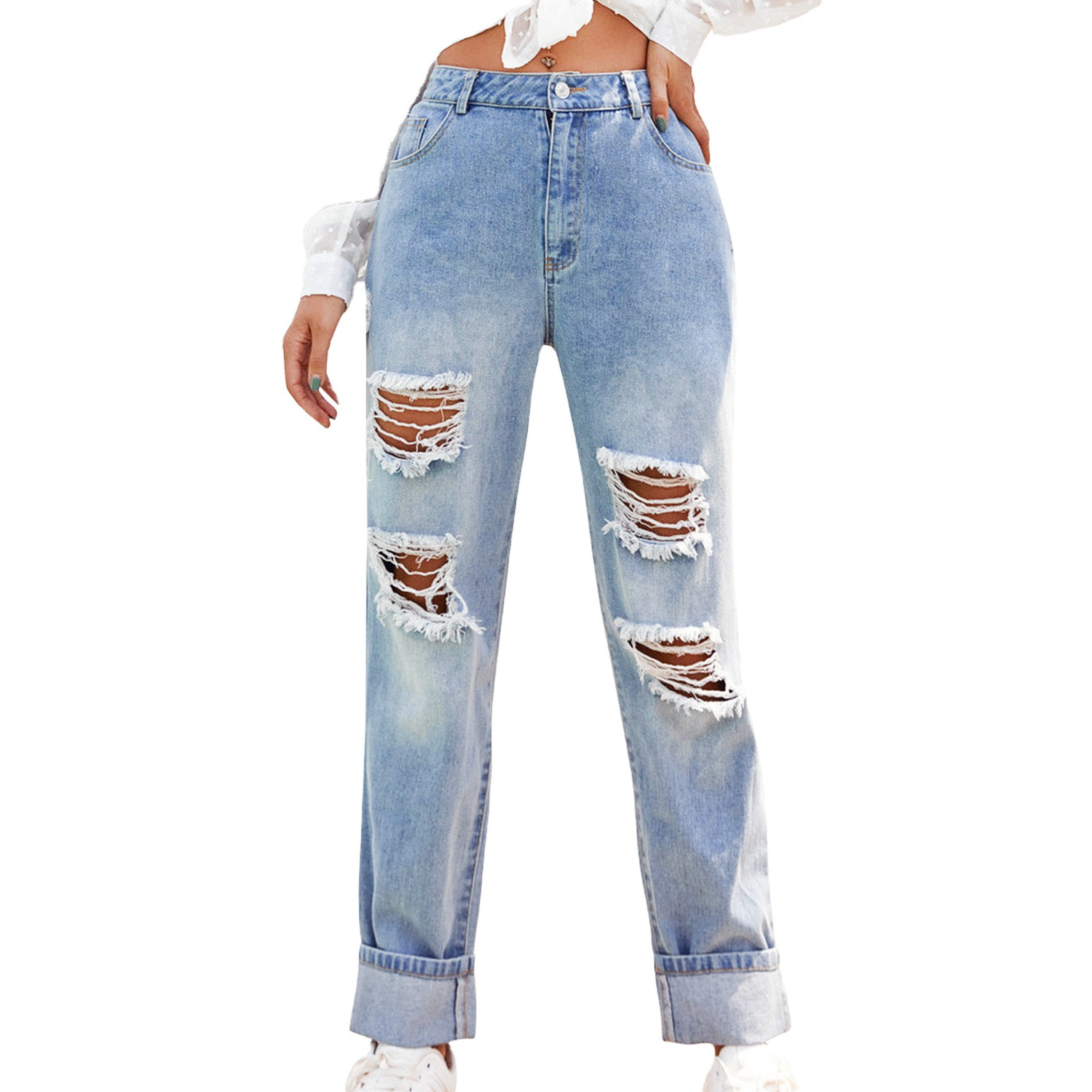 New Arrival Wholesale new style women embroidered denim jean for woman distressed ripped stacked denim pants New design denim