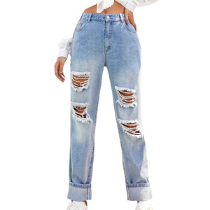 New Arrival Wholesale new style women embroidered denim jean for woman distressed ripped stacked denim pants New design denim