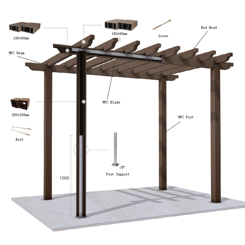 WPC Gazebo Modern Design Waterproof Louver Timber Tubes Wood Plastic Composite Hollow Square Tubes Outdoor PE DIY Garden Pergola