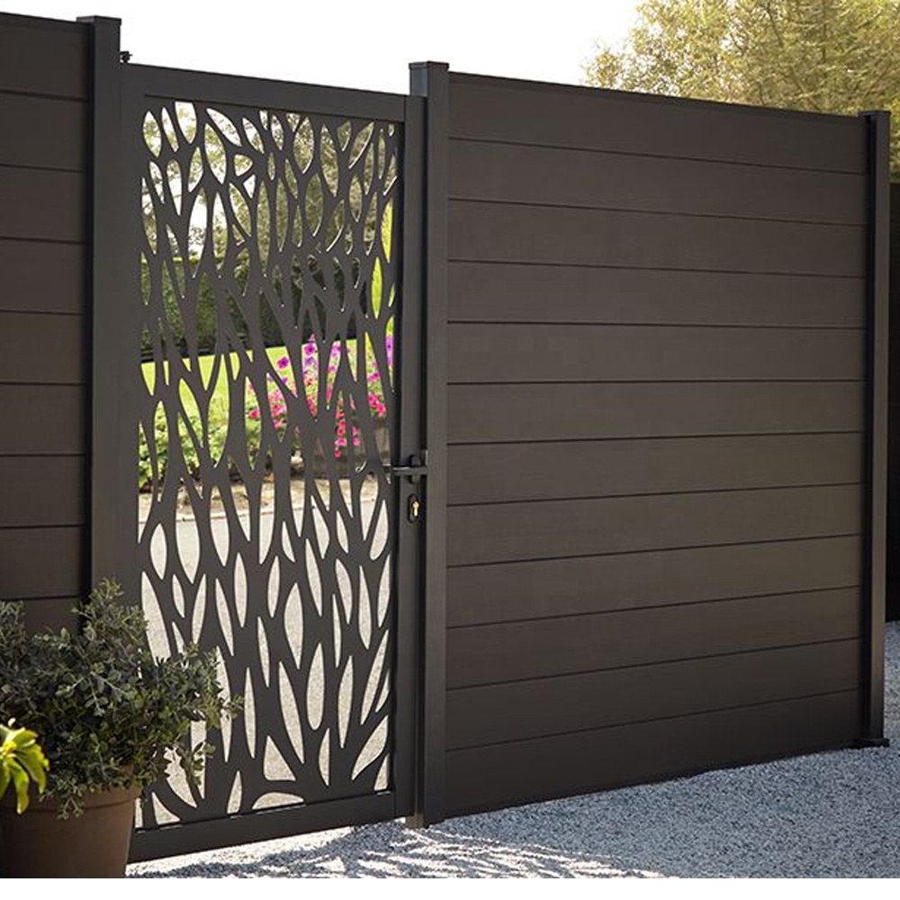 WPC wood plastic composite fence gates post 3D wood grain embossing waterproof mesh decorative outdoor privacy composite fence