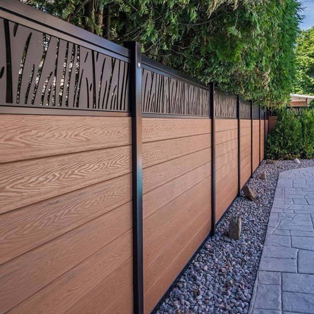 WPC wood plastic composite fence gates post 3D wood grain embossing waterproof mesh decorative outdoor privacy composite fence