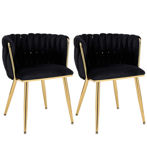 Modern Velvet Dining Chairs Set Of 2 Hand Weaving Accent Upholstered Side Chair With Golden Metal Legs For Dining Room