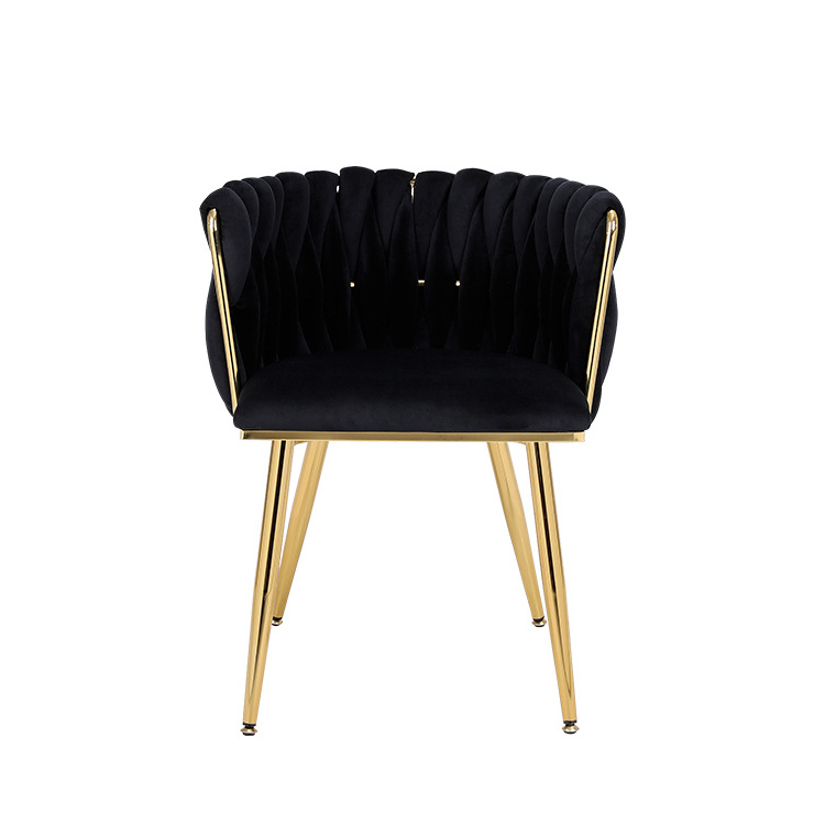 Modern Velvet Dining Chairs Set Of 2 Hand Weaving Accent Upholstered Side Chair With Golden Metal Legs For Dining Room