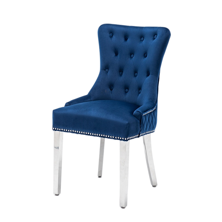 Modern luxury home furniture stainless steel legs velvet fabric dining chairs with lion knock