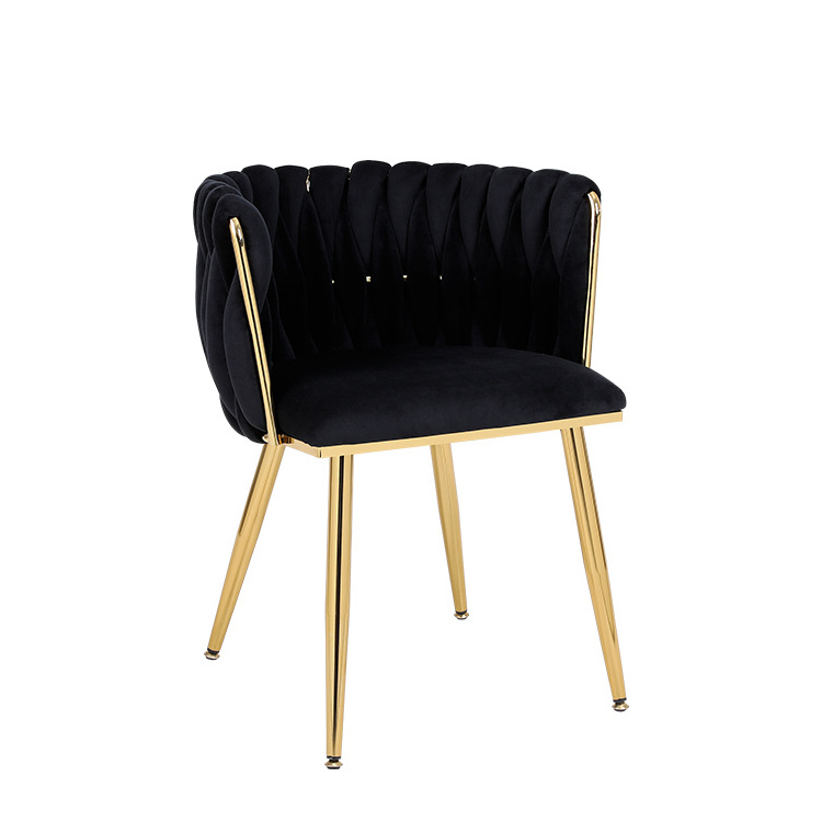 Modern Style Gold Metal Legs Hotel Armchair Upholstered Black Velvet Fabric Dining Chair