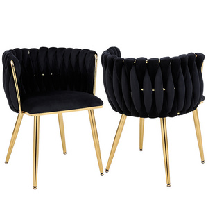 Modern Style Gold Metal Legs Hotel Armchair Upholstered Black Velvet Fabric Dining Chair