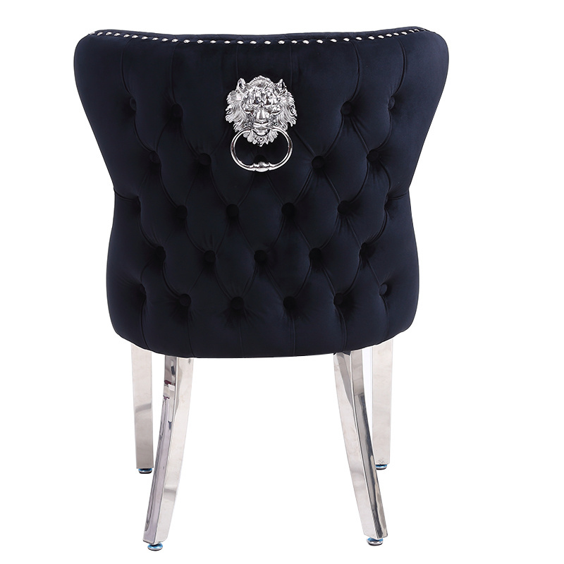 Factory Wholesale Velvet Tufted Backrest Lion Head Dining Chair with Silver Chrome Legs upholstered Dining Chair