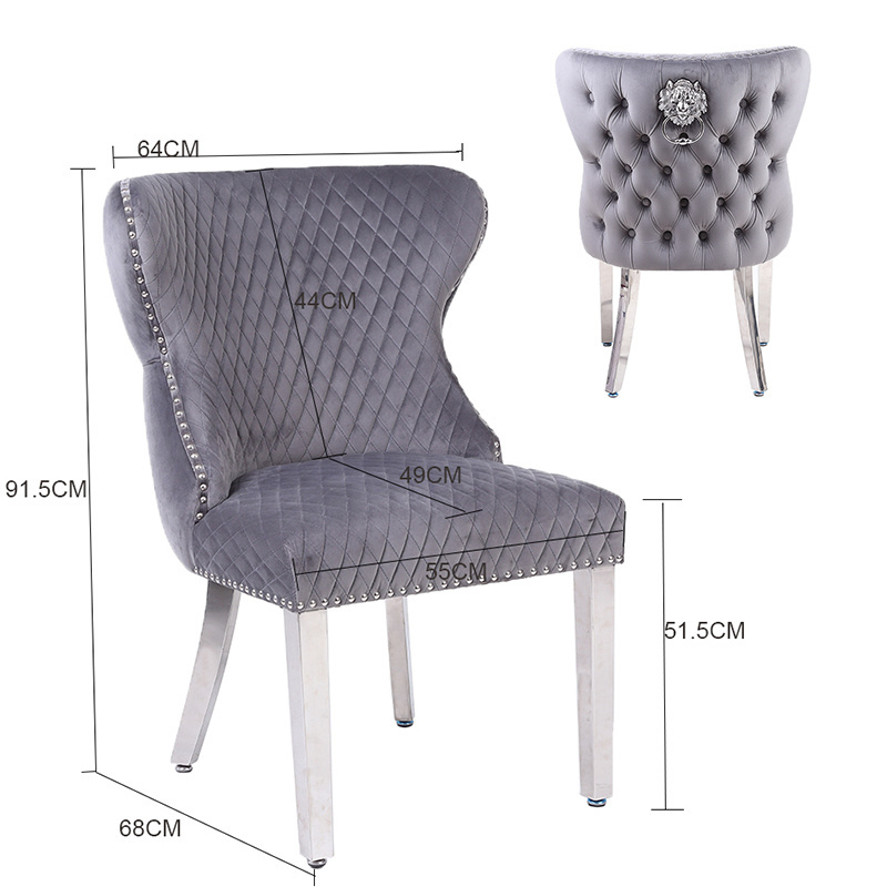 Factory Wholesale Velvet Tufted Backrest Lion Head Dining Chair with Silver Chrome Legs upholstered Dining Chair