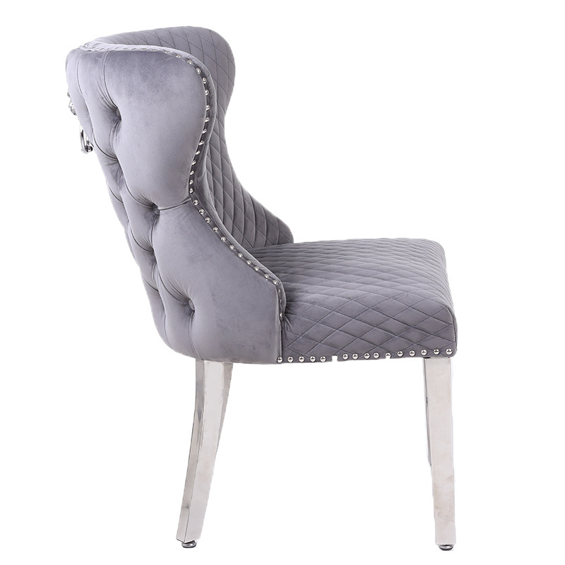 Factory Wholesale Velvet Tufted Backrest Lion Head Dining Chair with Silver Chrome Legs upholstered Dining Chair