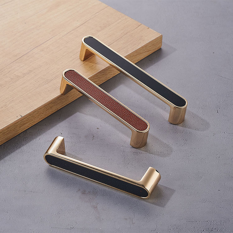 Drawer leather cabinet handles furniture accessories brushed gold pulls