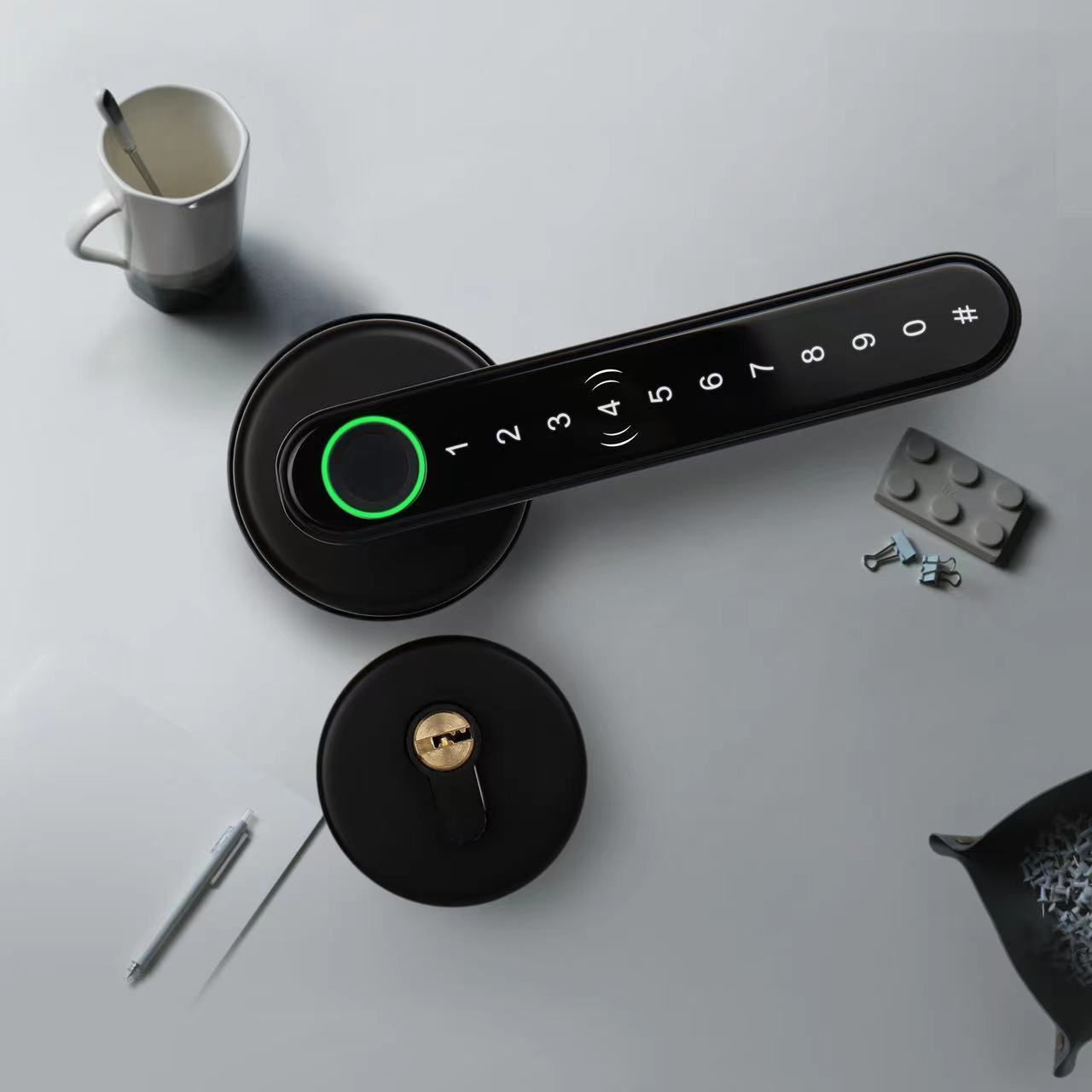 Smart Lock Handle with Fingerprint, Keypad, Key, Card Entry for Home Security - Biometric Door Lock System Access Control