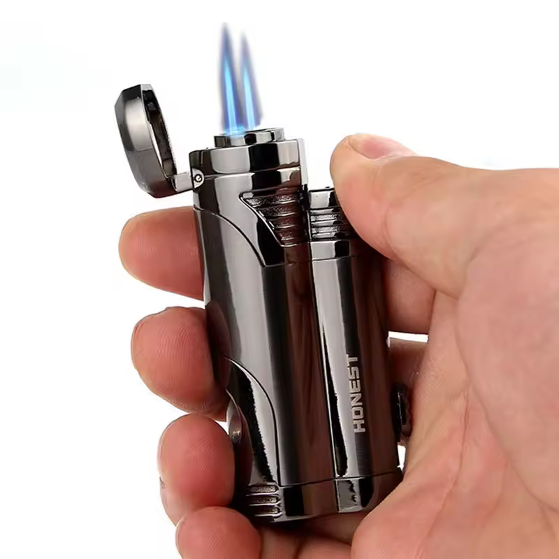 KY Stylish Gas Lighter with Cigar Cutter Double Flame Cigarette Inflatable Metal Butane Lighter Torches