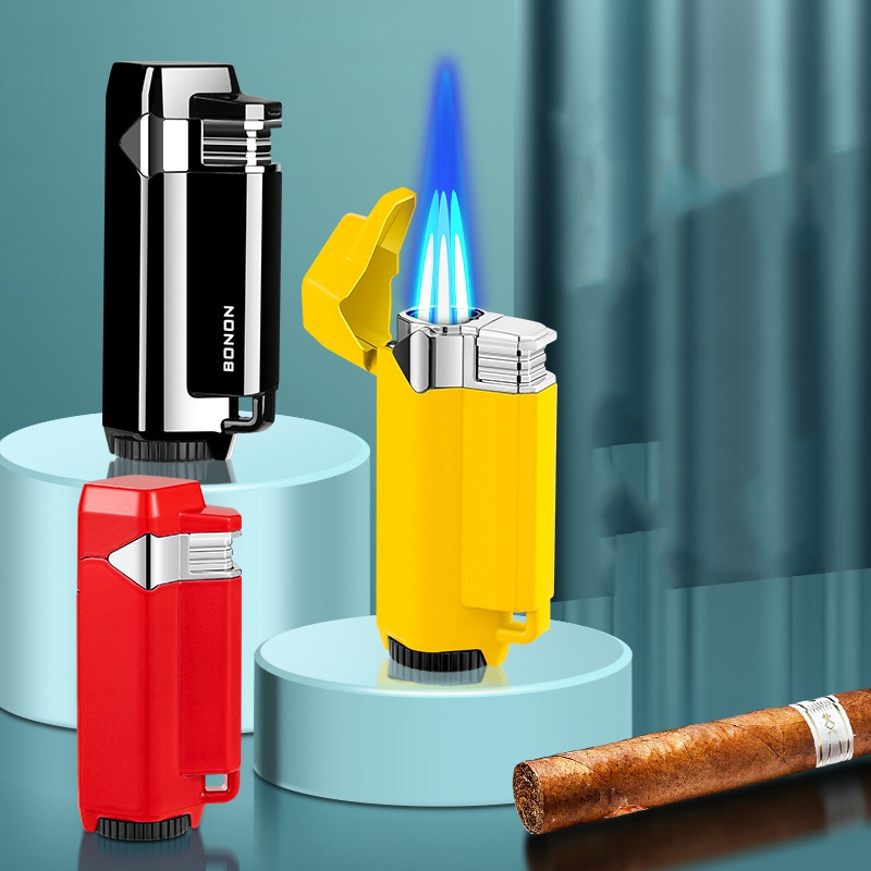 Creative High-Powered Concentrated Triple Jet Inflatable Flame Adjustable Circulating Inflatable Cigar Lighter with Flat Cap