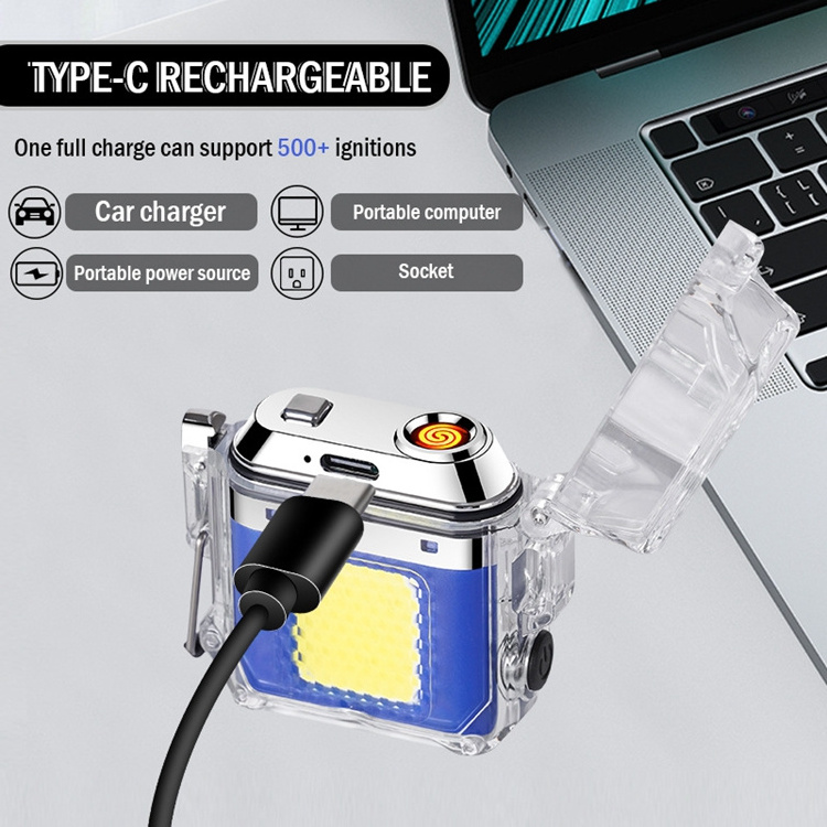 type-c usb electric arc lighter flame rechargeable with portable plastic lighter protective cover and cob lamp