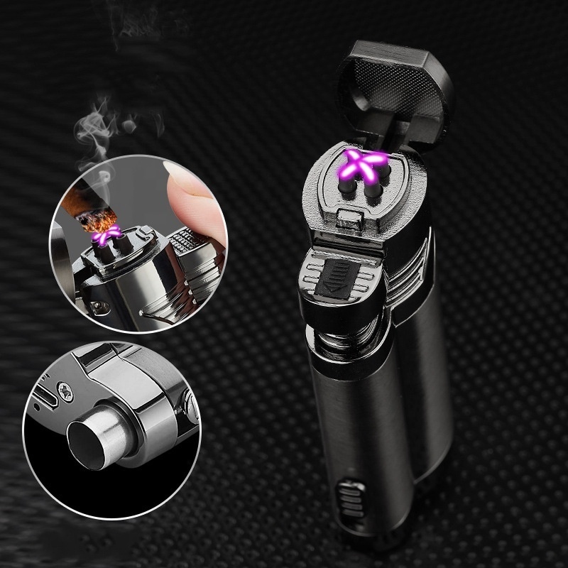 KY Modern Zinc Alloy Rechargeable Dual Arc Plasma Windproof Electric Lighter Usb with Concealed Cigar Knife