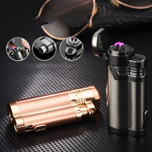 KY Modern Zinc Alloy Rechargeable Dual Arc Plasma Windproof Electric Lighter Usb with Concealed Cigar Knife