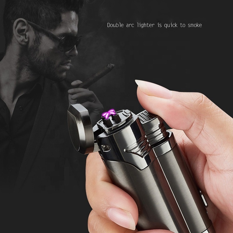 KY Modern Zinc Alloy Rechargeable Dual Arc Plasma Windproof Electric Lighter Usb with Concealed Cigar Knife